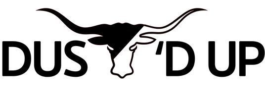 Logo with a longhorn bull silhouette and text 'DUS'D UP' on a white background