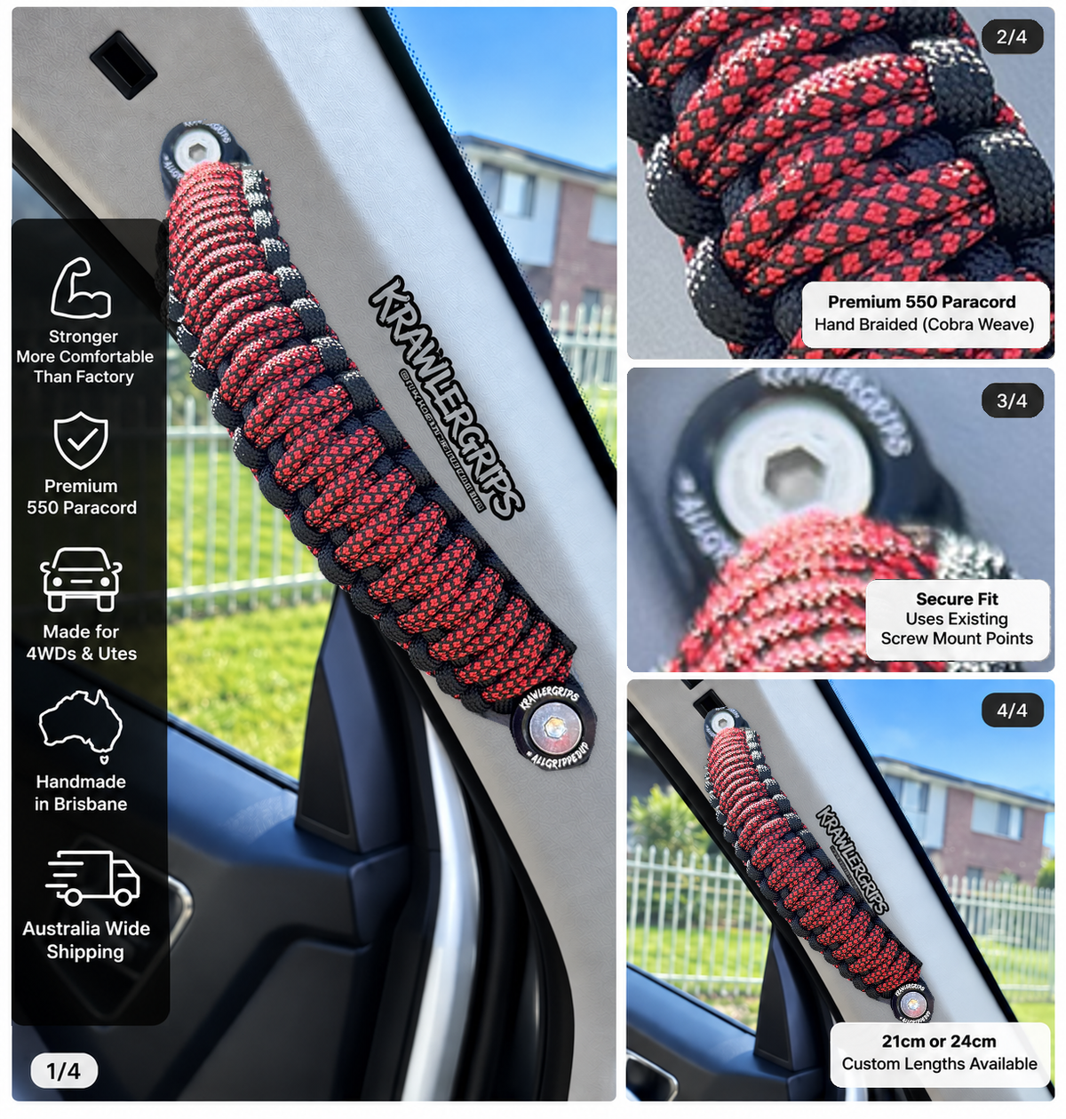 Imperial Red Diamonds grab handle — original product photograph composited into car interior, four-panel layout