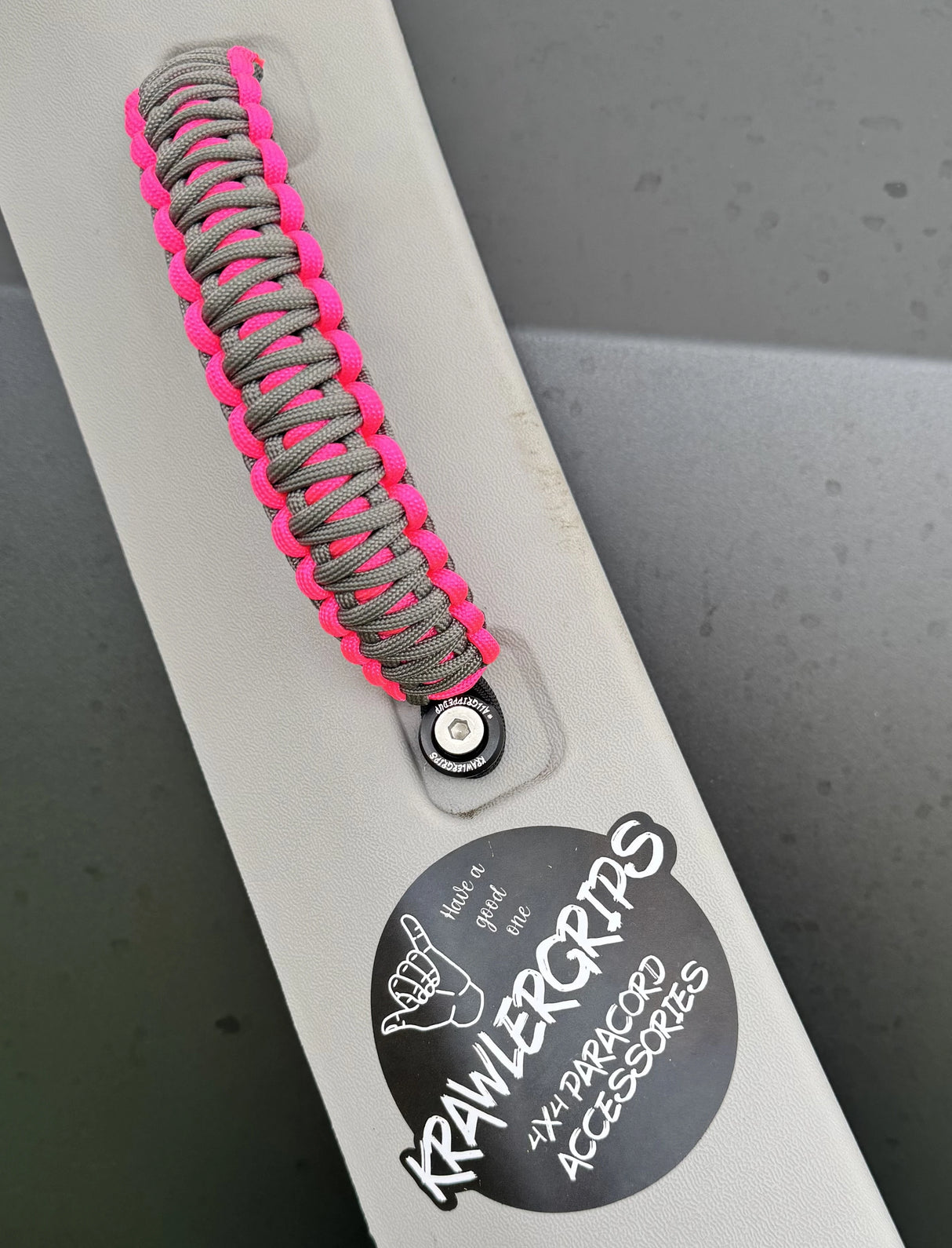 Krawlergrips Neon Pink Charcoal Grey Paracord Grab Handle