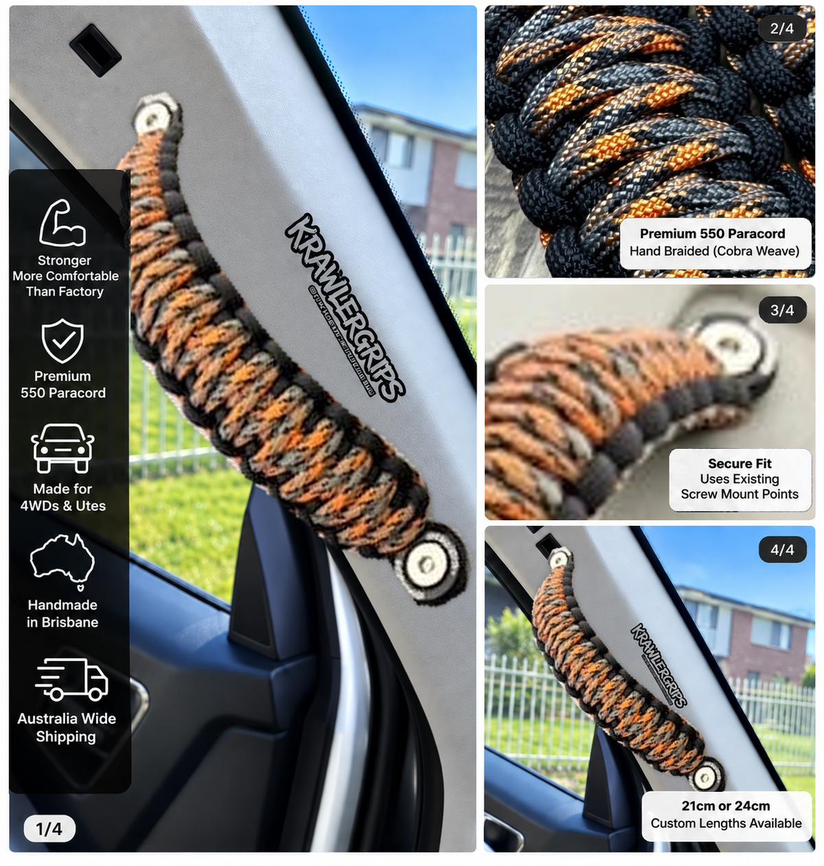 Orange Grey grab handle — original grip photographed and composited into four-panel car layout