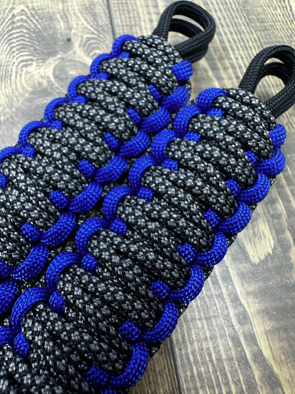 Charcoal Grey Diamonds Electric Blue Paracord grab handles  - Krawlergrips