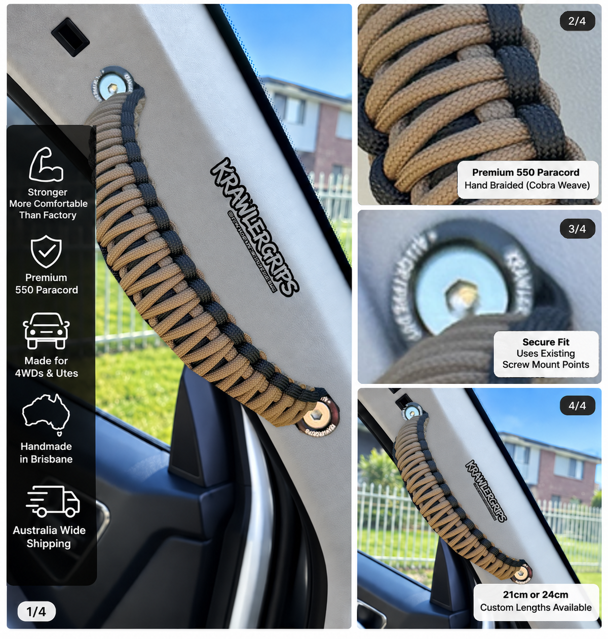 Coyote Brown grab handle — original product photograph composited into car interior, four-panel layout