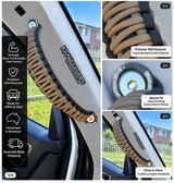 Coyote Brown grab handle — original product photograph composited into car interior, four-panel layout
