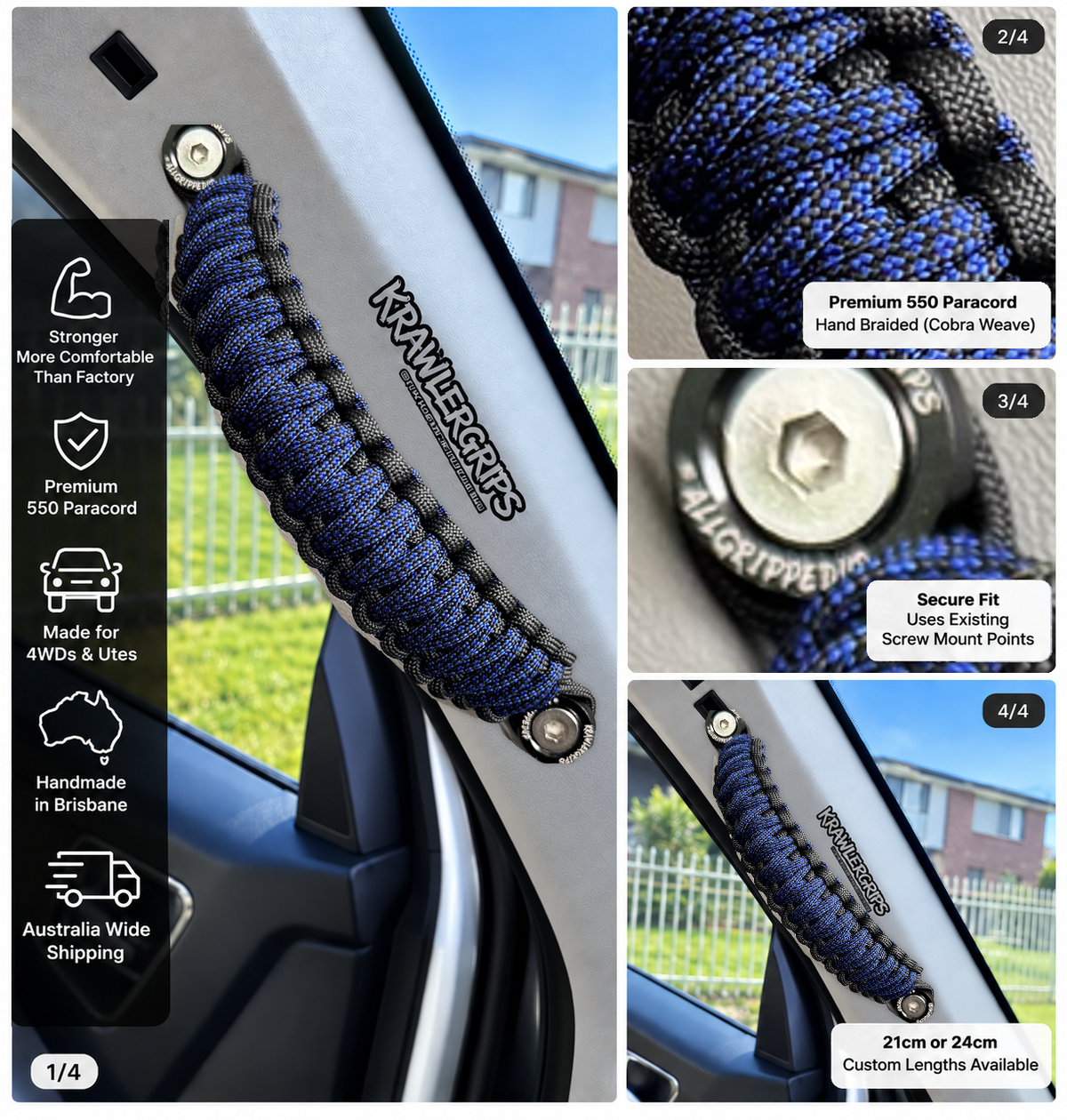 Electric Blue Diamonds grab handle — original product photograph composited into car interior, four-panel layout