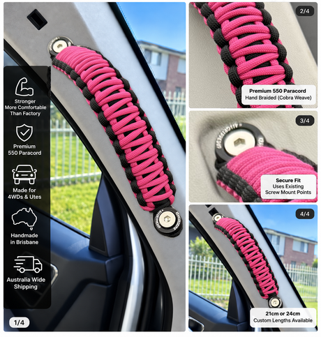 Fuchsia Pink grab handle — original grip and braid photograph in four-panel car layout