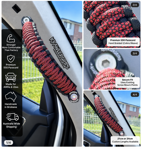 Imperial Red Diamonds grab handle — original product photograph composited into car interior, four-panel layout