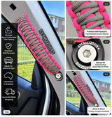 Neon Pink Charcoal Grey grab handle — original product photograph composited into car interior, four-panel layout