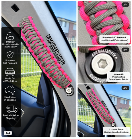 Neon Pink Charcoal Grey grab handle — original product photograph composited into car interior, four-panel layout
