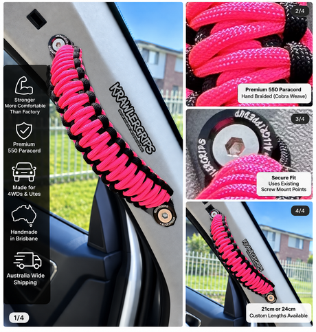 Neon Pink grab handle — four-panel car layout using original product photographs