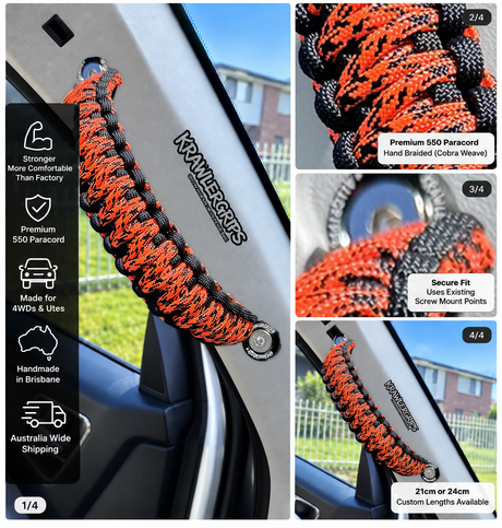 Orange Camo grab handle — original product photograph composited into car interior, four-panel layout