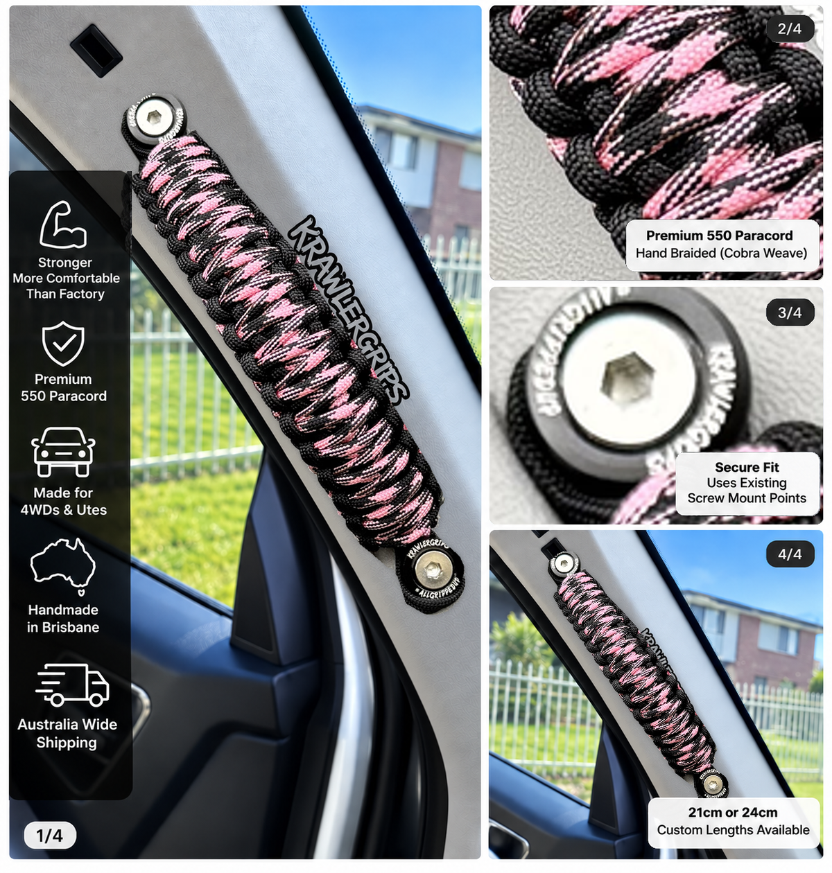 Rose Pink 50/50 Black grab handle — original product photograph composited into car interior, four-panel layout