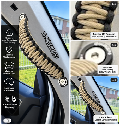 Tan grab handle — four-panel car layout using the original Tan grip photo and actual braid
