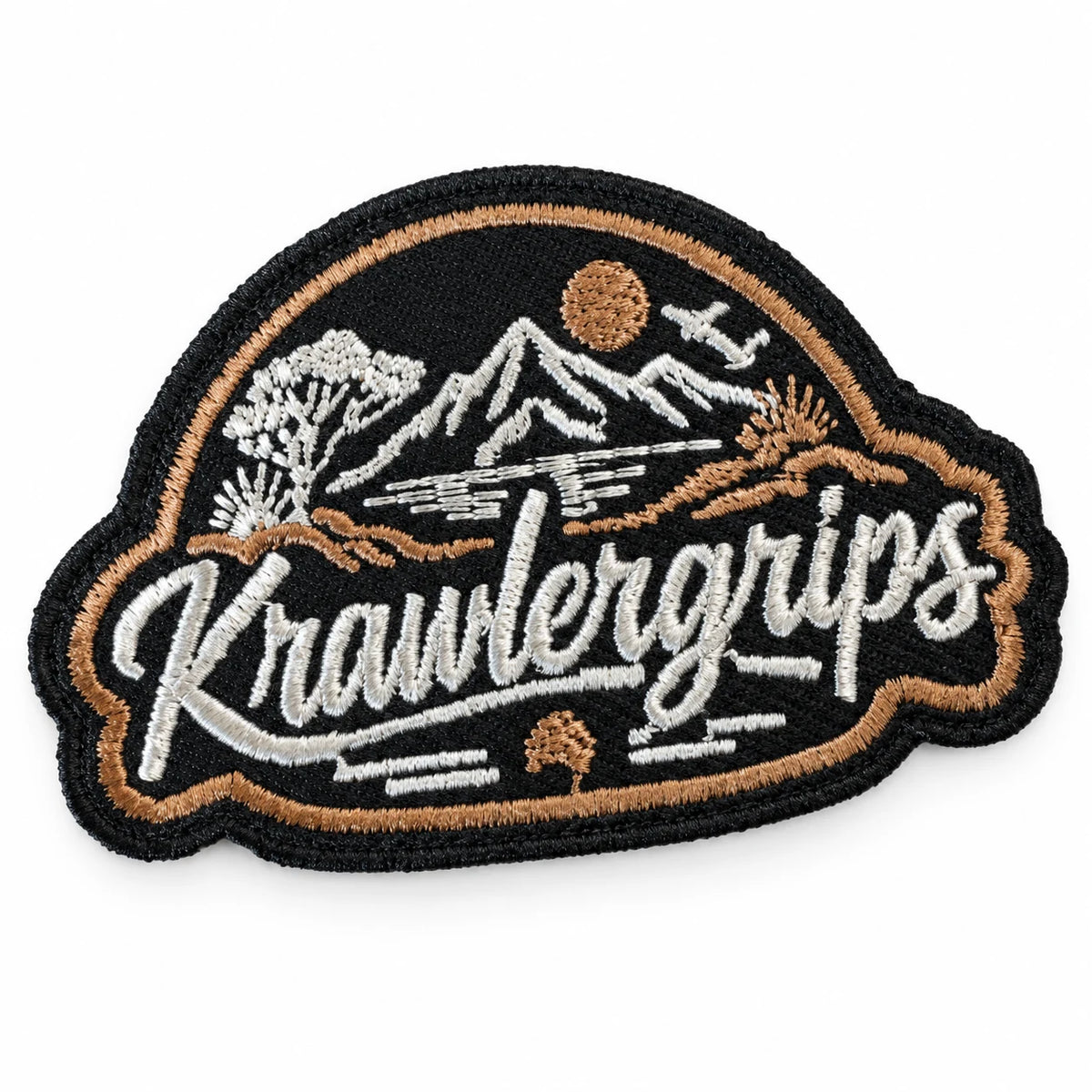Mini Krawlergrips bush scene camp patch, embroidered in white and tan with velcro backing
