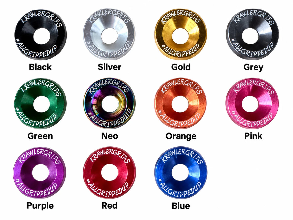 Krawlergrips real washer colours: Black, Silver, Gold, Grey, Green, Neo, Orange, Pink, Purple, Red and Blue